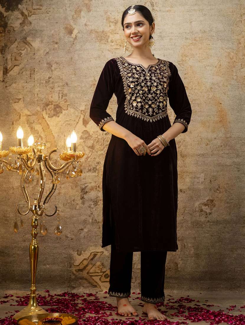women embroidered three quarter sleeve suit set - 21684141 - Standard Image - 3