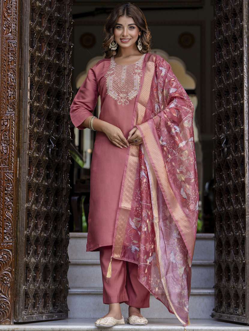 women embroidered three quarter sleeve suit set - 21684181 -  Standard Image - 3