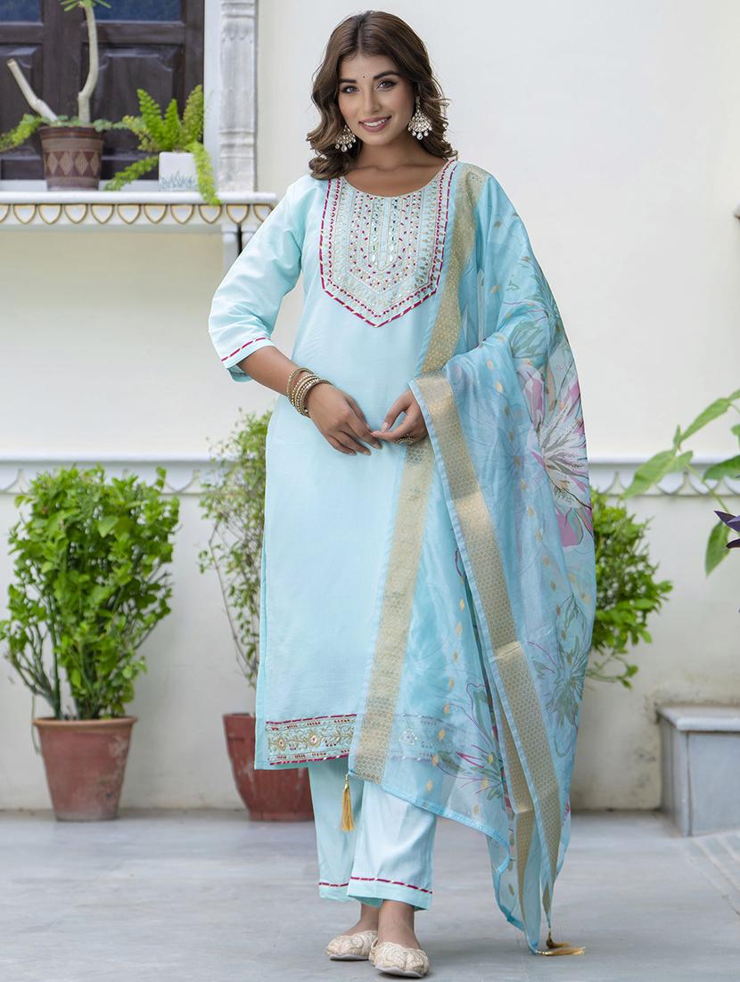women three quarter sleeve kurta pant with dupatta set