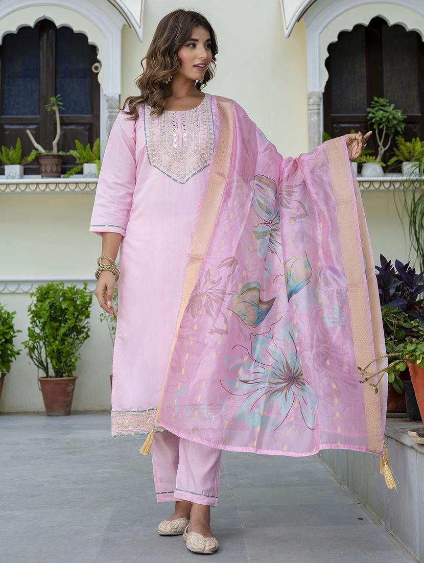 women three quarter sleeve kurta pant with dupatta set