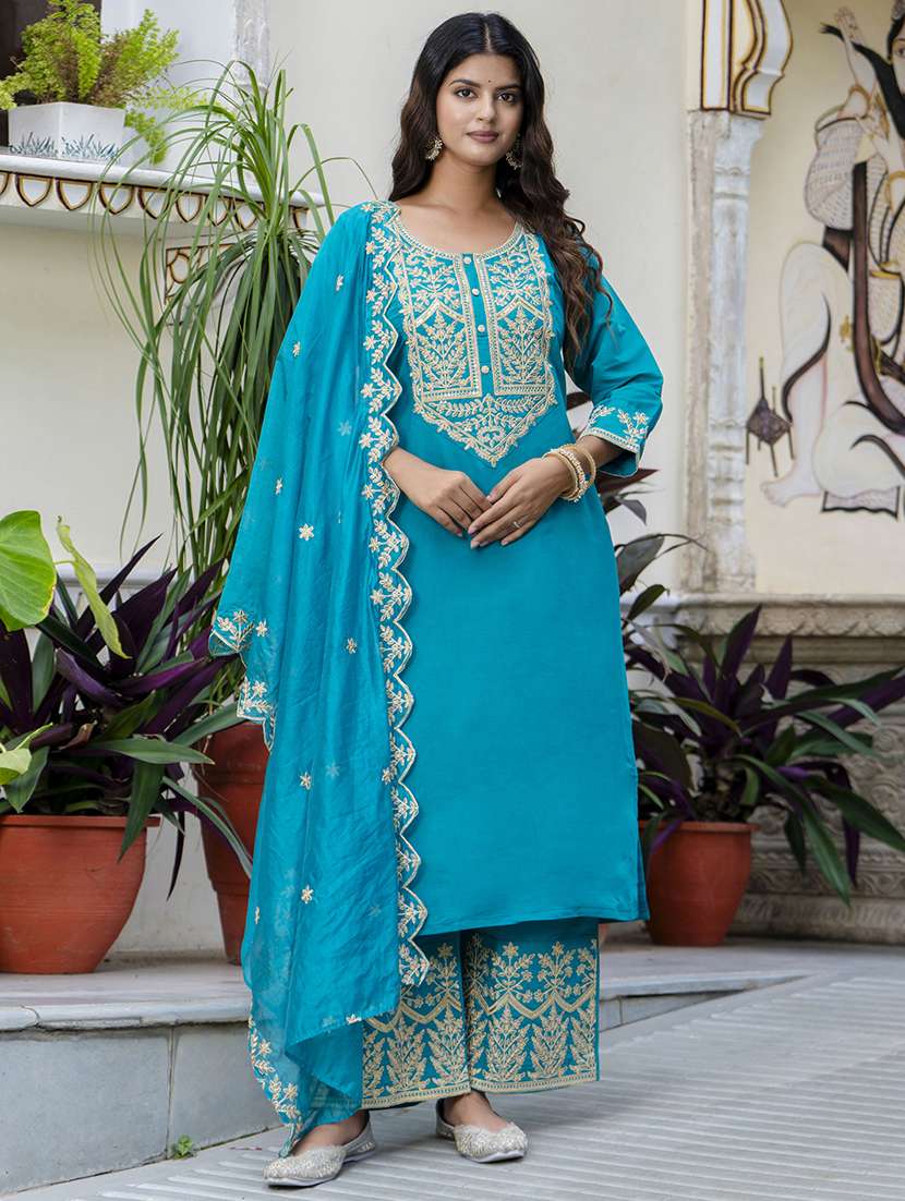 women three quarter sleeve kurta palazzo with dupatta set