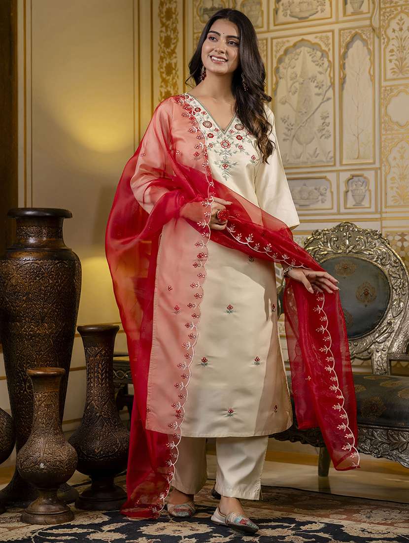 women three quarter sleeve kurta pant with dupatta set