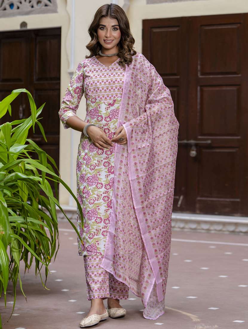women three quarter sleeve kurta pant with dupatta set