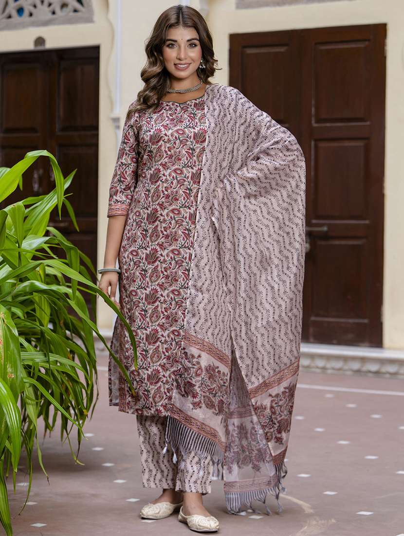 women three quarter sleeve kurta pant with dupatta set
