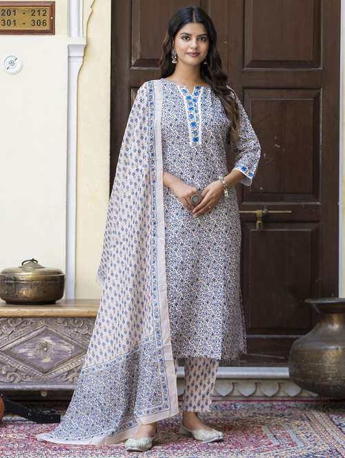 light blue cotton blend kurta dupatta  set - 21684223 -  Standard Image - 0