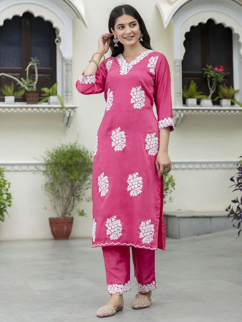 women embroidered three quarter sleeve kurta pant set - 21684232 - Standard Image - 3