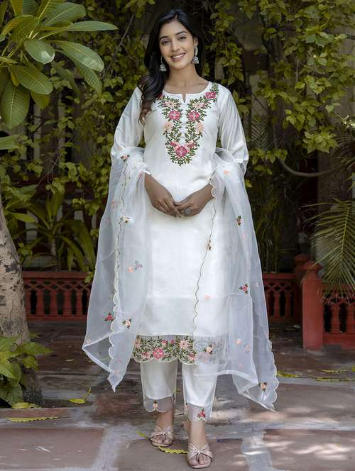 women embroidered three quarter sleeve suit set