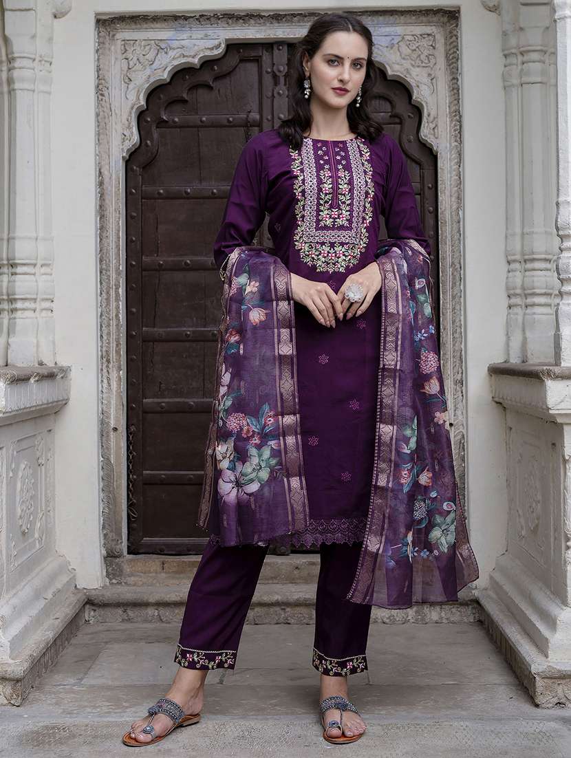 women embroidered three quarter sleeve suit set