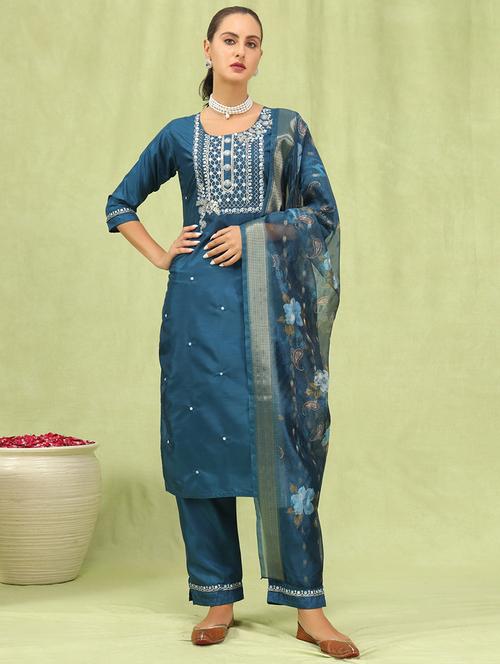 women three quarter sleeve kurta pant with dupatta set - 21684268 -  Standard Image - 0