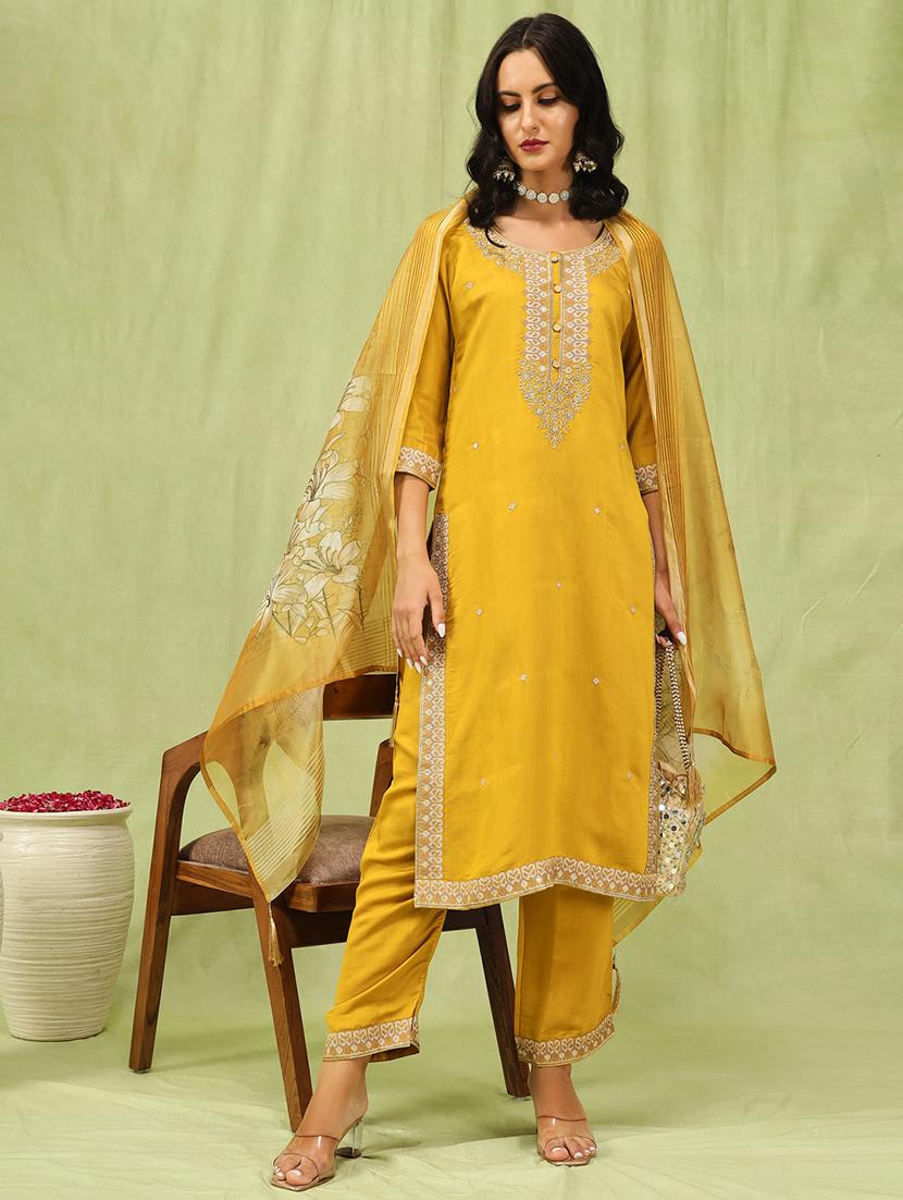 women three quarter sleeve kurta pant with dupatta set - 21684290 - Zoom Image - 0