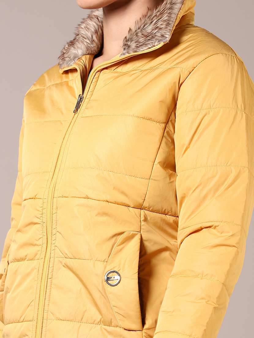 women solid long sleeve fur collared puffer jacket - 21685144 -  Standard Image - 3