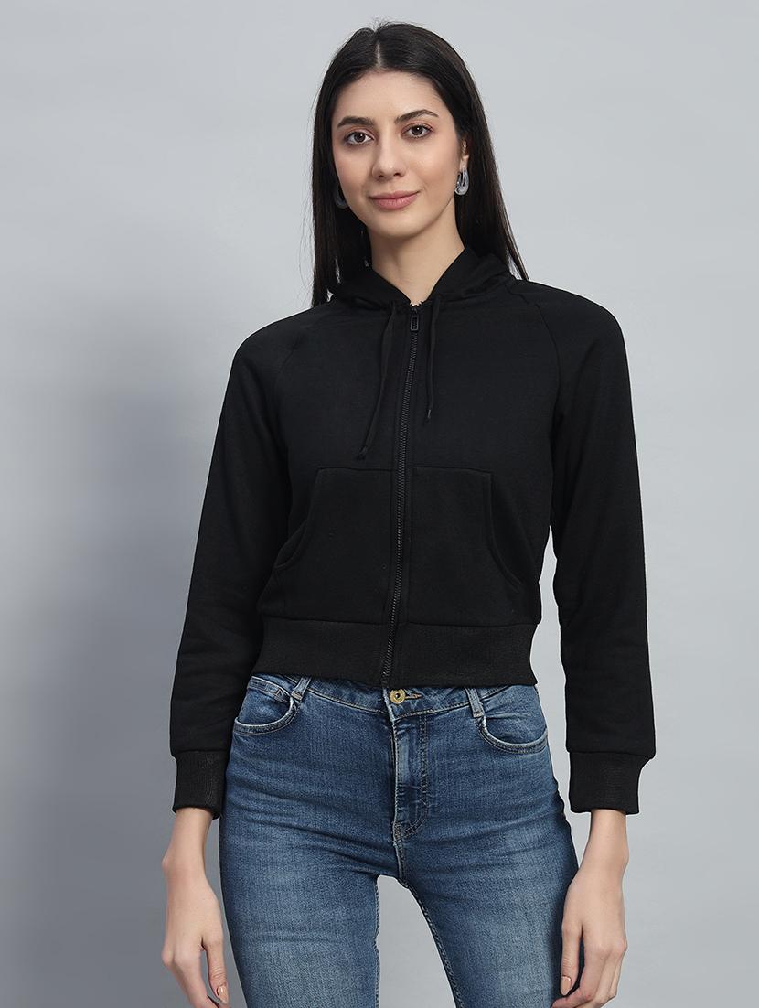 women solid hooded long sleeves crop sweatshirt - 21685406 -  Zoom Image - 0