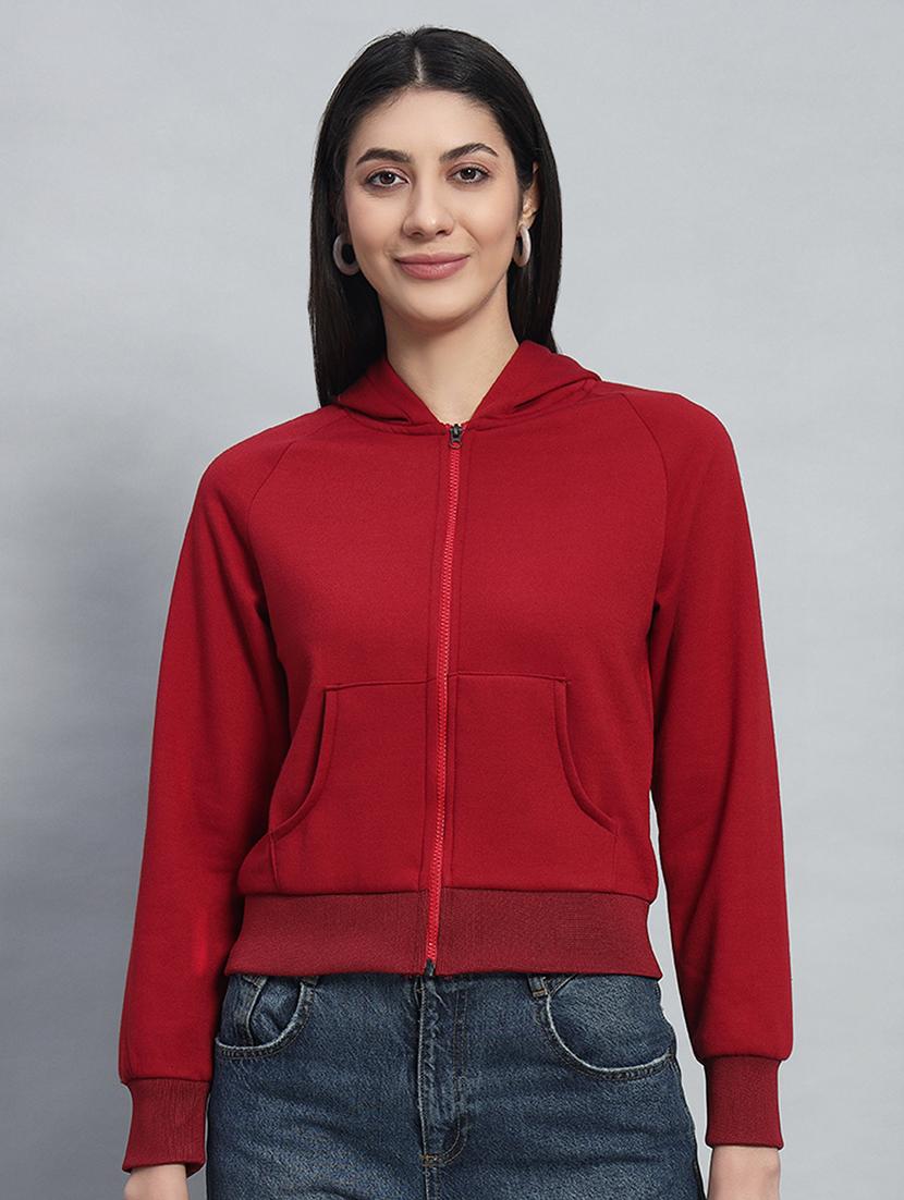 women solid hooded long sleeves crop sweatshirt - 21685407 - Zoom Image - 0