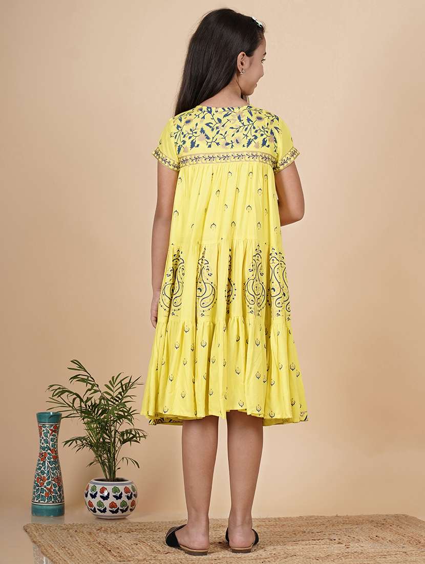 girls yellow printed round neck tiered dress - 21685950 -  Standard Image - 3