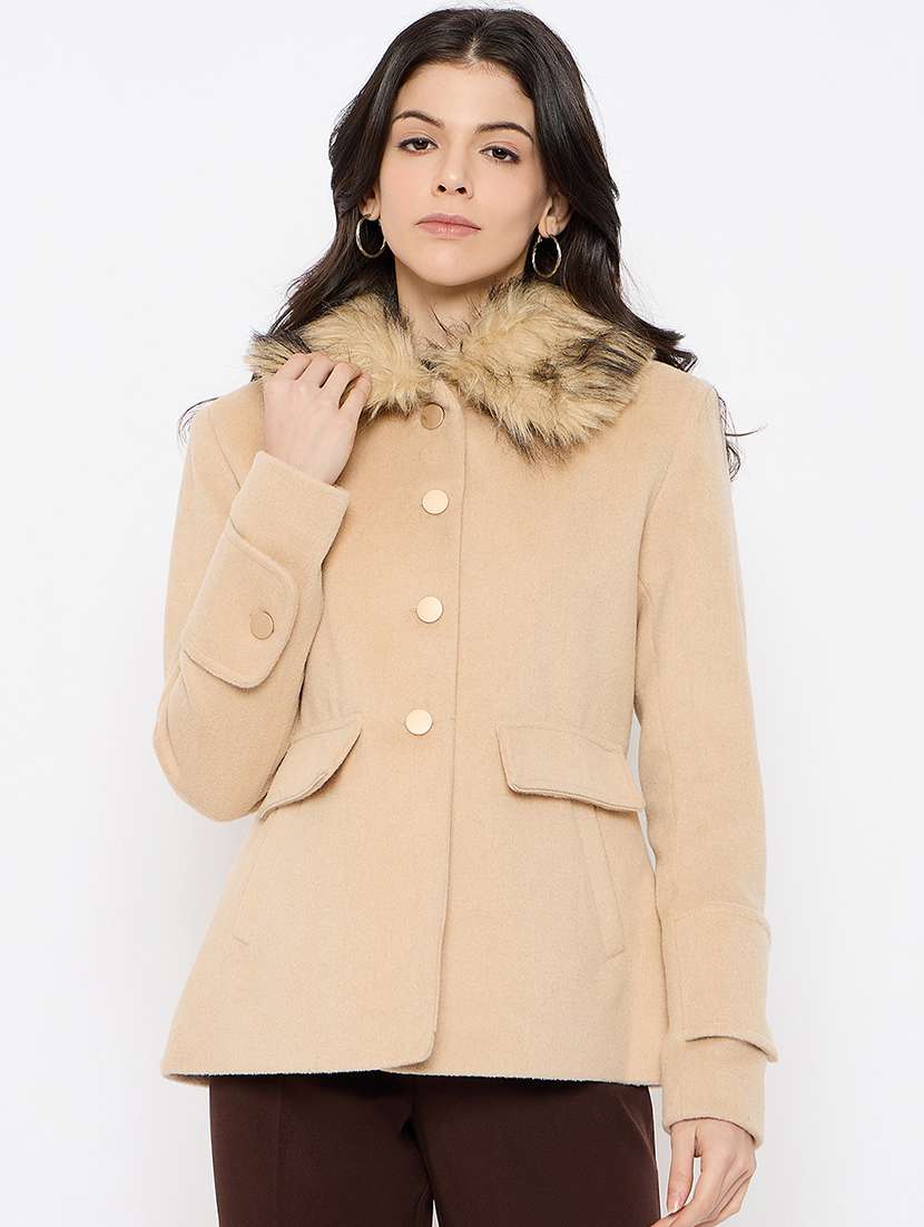 women fur detailed long sleeves regular coat - 21686037 -  Zoom Image - 0