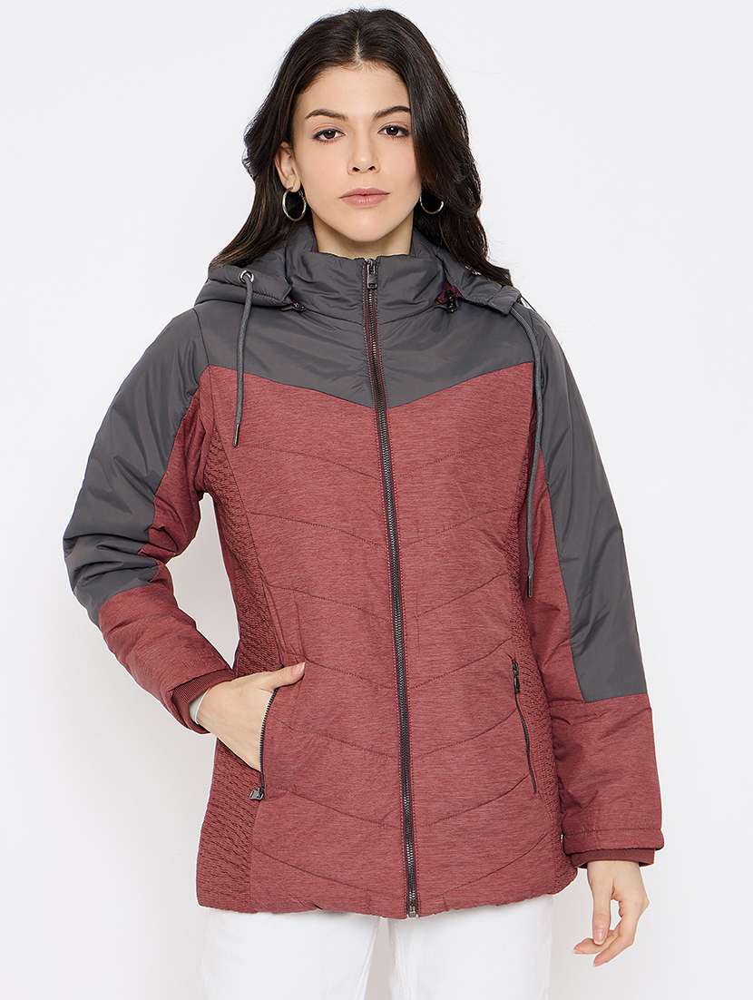 women color blocked hooded long sleeves puffer jacket