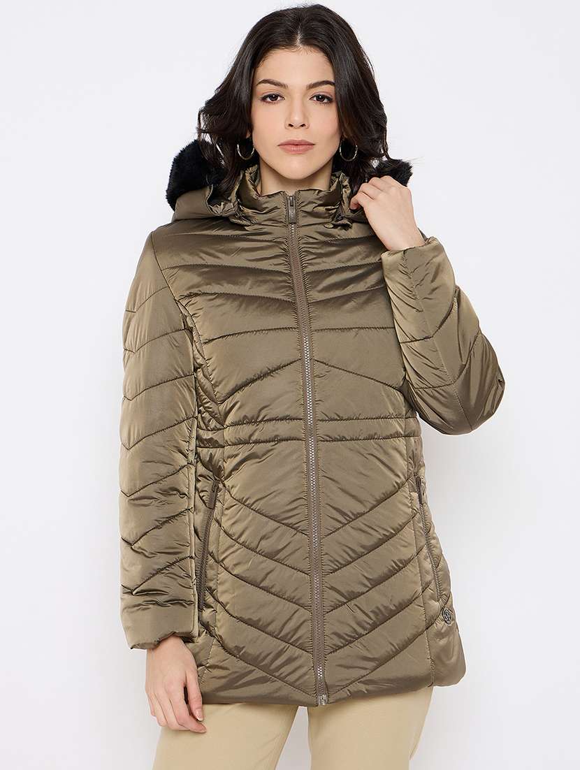 women color blocked hooded long sleeves puffer jacket