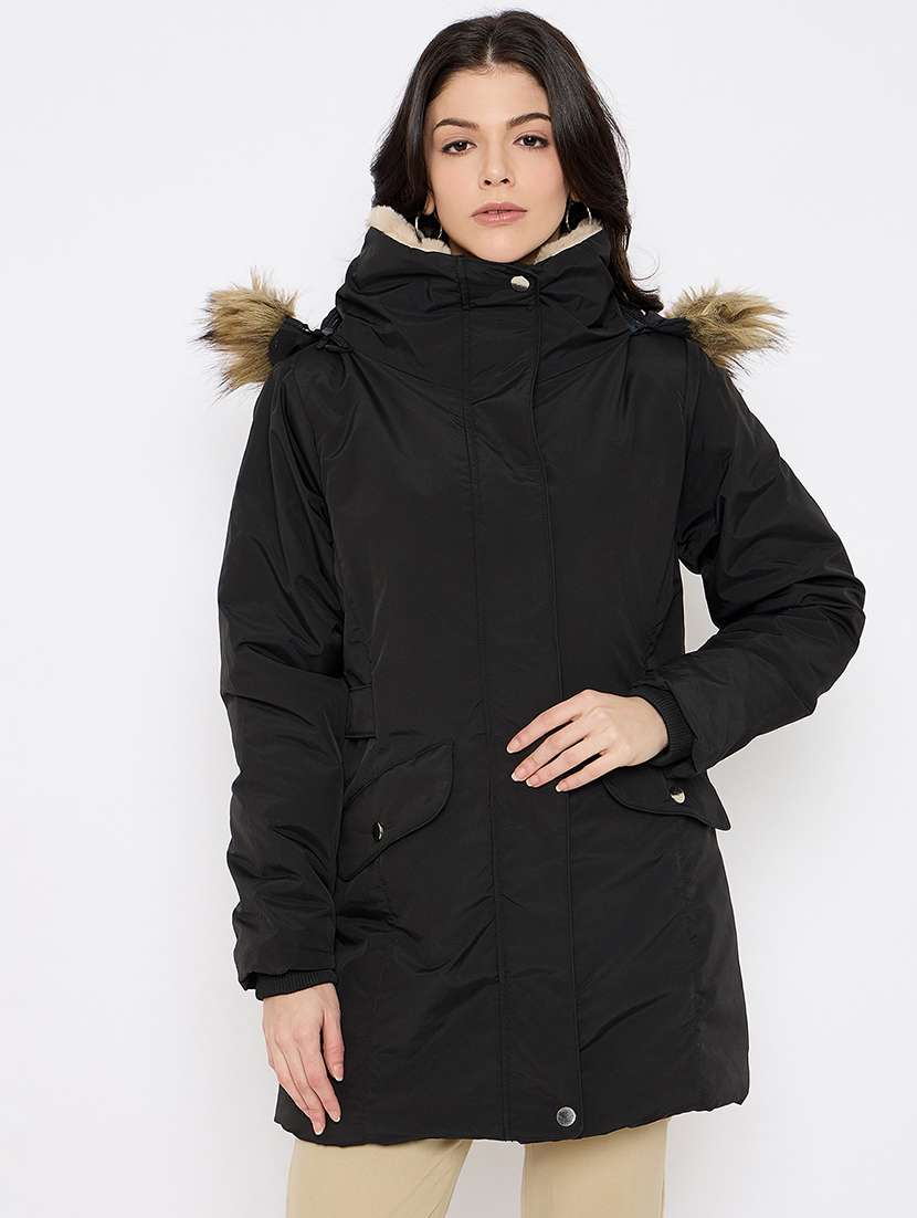 women solid hooded long sleeves puffer jacket