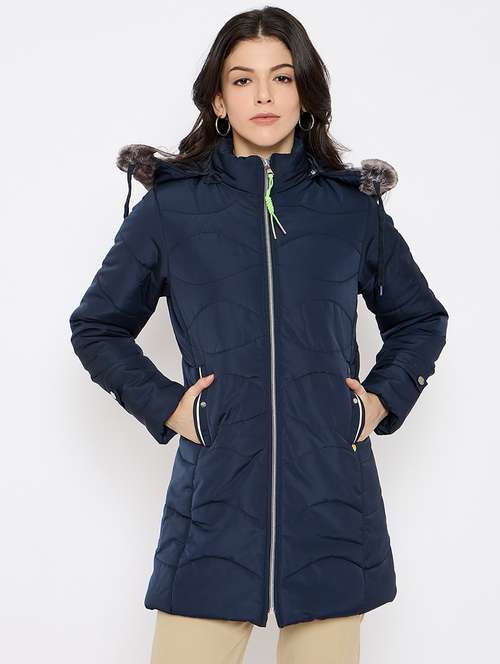 women solid fur detailed hooded parka jacket - 21686053 - Standard Image - 0