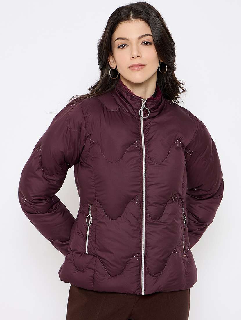 women burgundy solid long sleeve puffer jacket