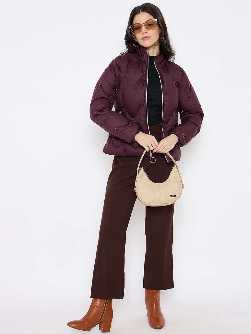 women burgundy solid long sleeve puffer jacket - 21686056 -  Standard Image - 3