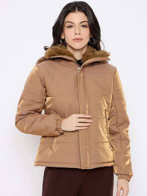 women solid fur detailed hooded puffer jacket - 21686057 - Standard Image - 0