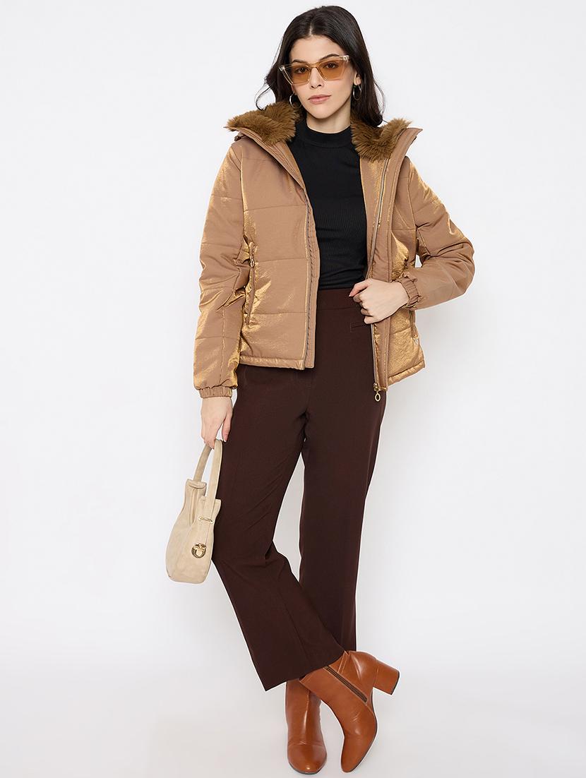 women solid fur detailed hooded puffer jacket - 21686057 - Standard Image - 3