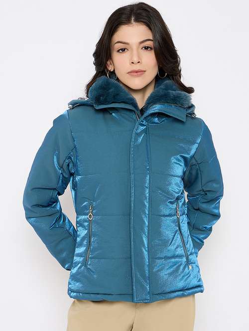women solid fur detailed hooded puffer jacket - 21686058 - Standard Image - 0