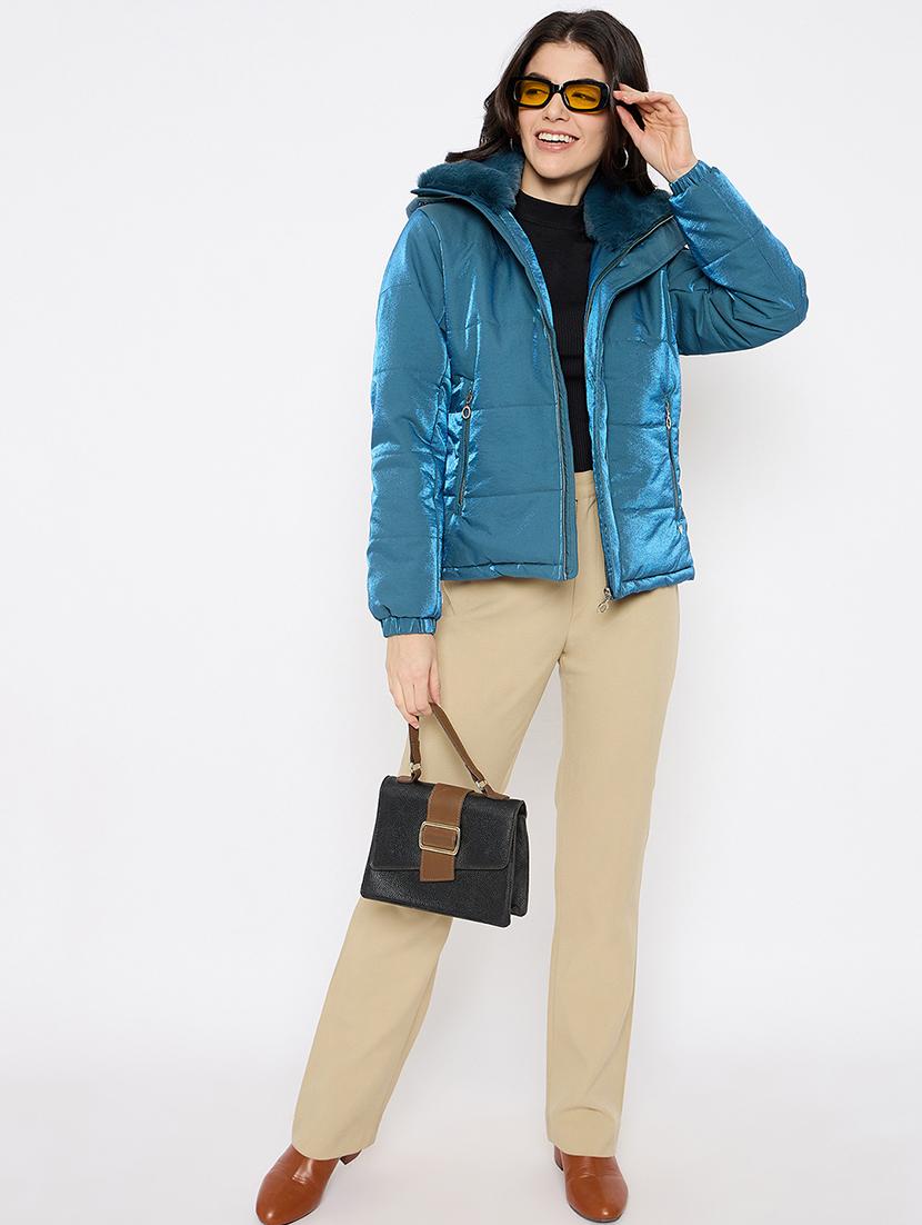 women solid fur detailed hooded puffer jacket - 21686058 - Standard Image - 3