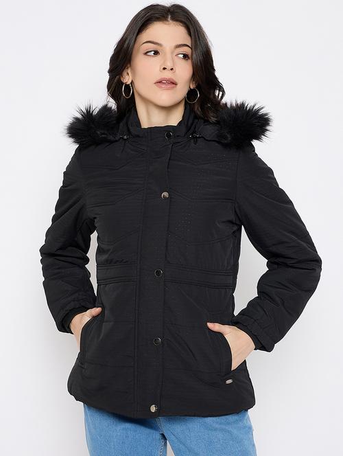 women solid fur detailed hooded bomber jacket - 21686059 - Standard Image - 0