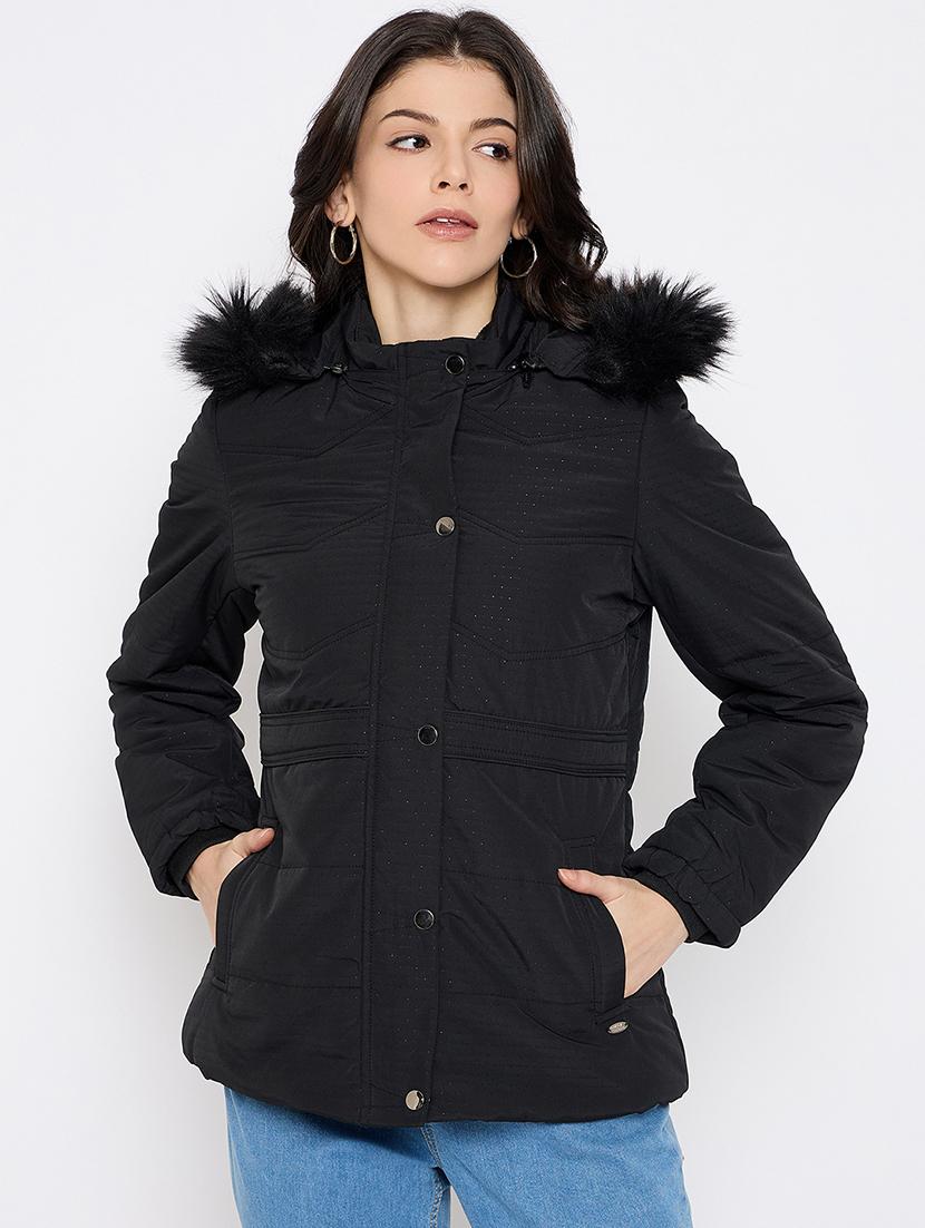 women solid fur detailed hooded bomber jacket - 21686059 - Zoom Image - 0
