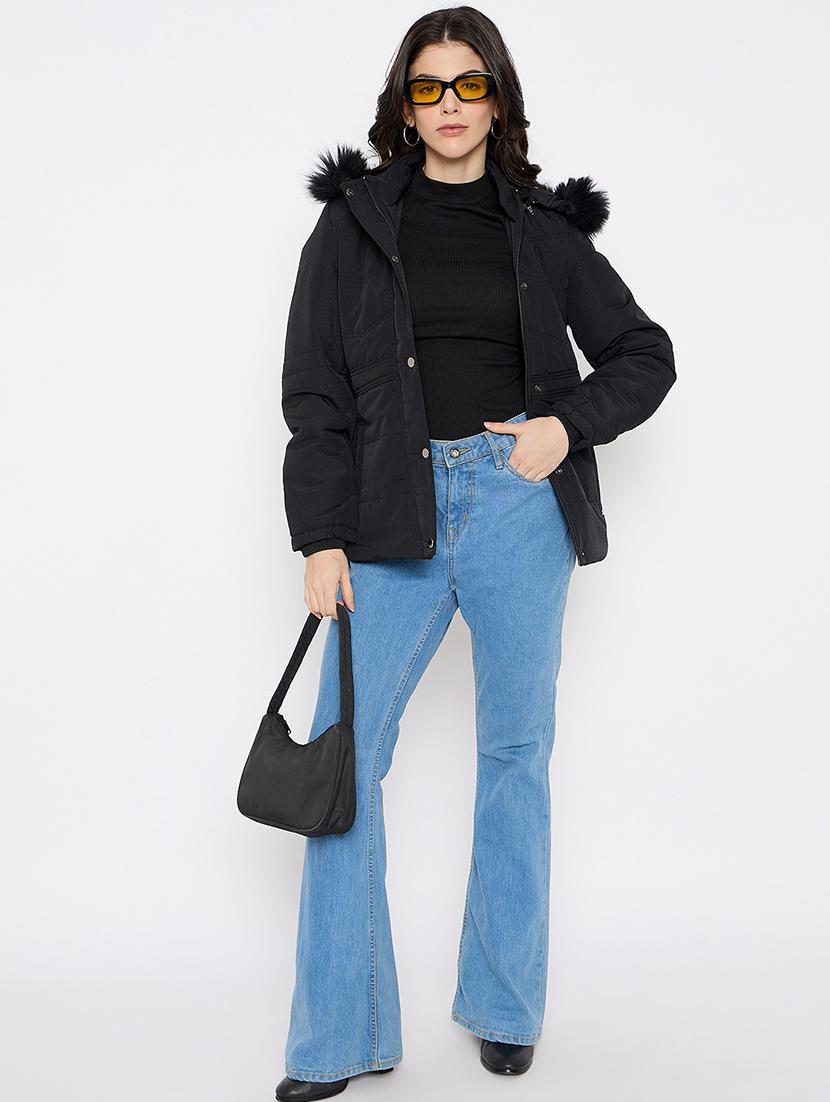 women solid fur detailed hooded bomber jacket - 21686059 - Standard Image - 3