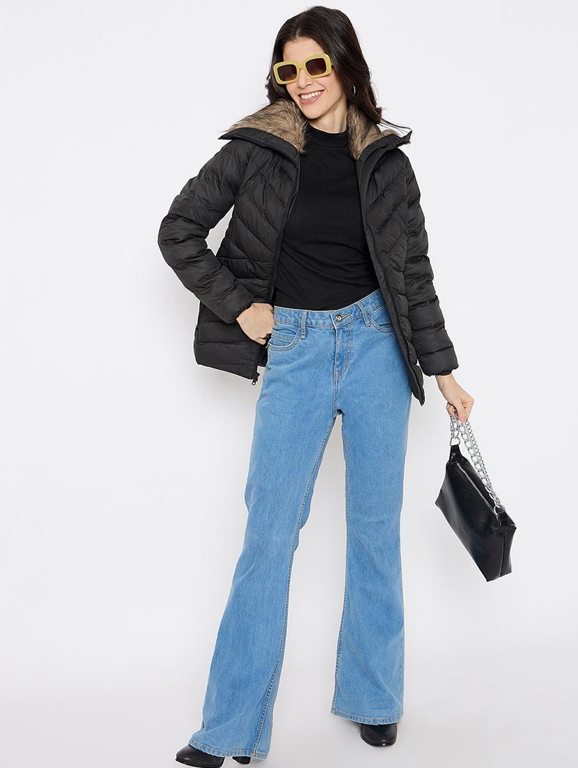 women solid fur detailed high neck puffer jacket - 21686065 - Standard Image - 3