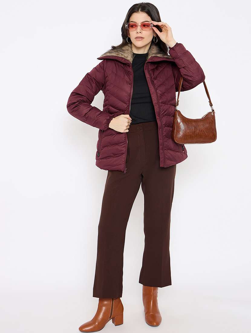 women solid fur detailed high neck puffer jacket - 21686066 -  Standard Image - 3