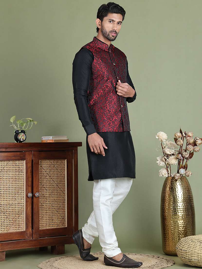 men self design kurta pyjama with jacket ethnic wear set