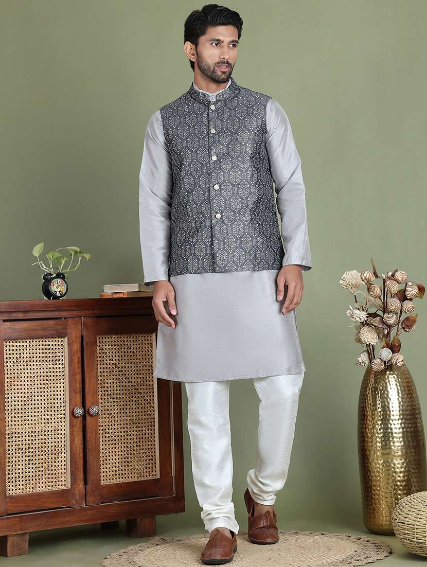 men printed kurta pyjama with jacket ethnic wear set