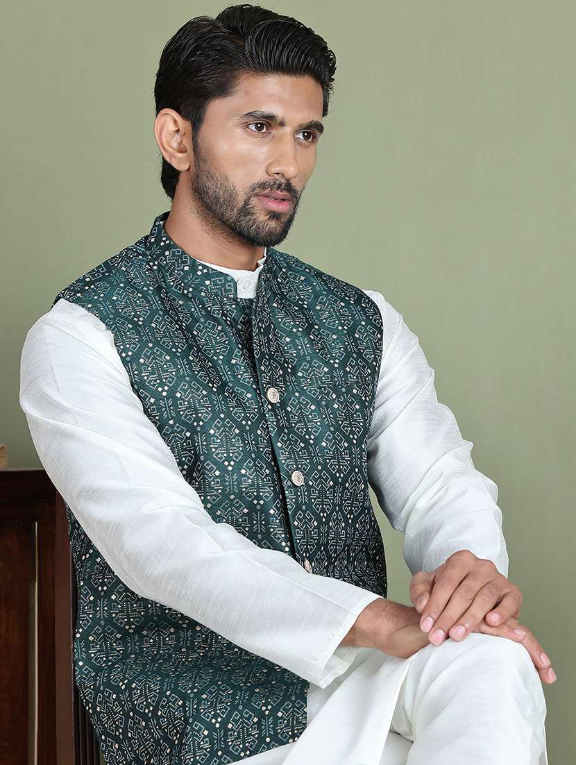 men printed kurta pyjama with jacket ethnic wear set - 21687084 -  Standard Image - 3