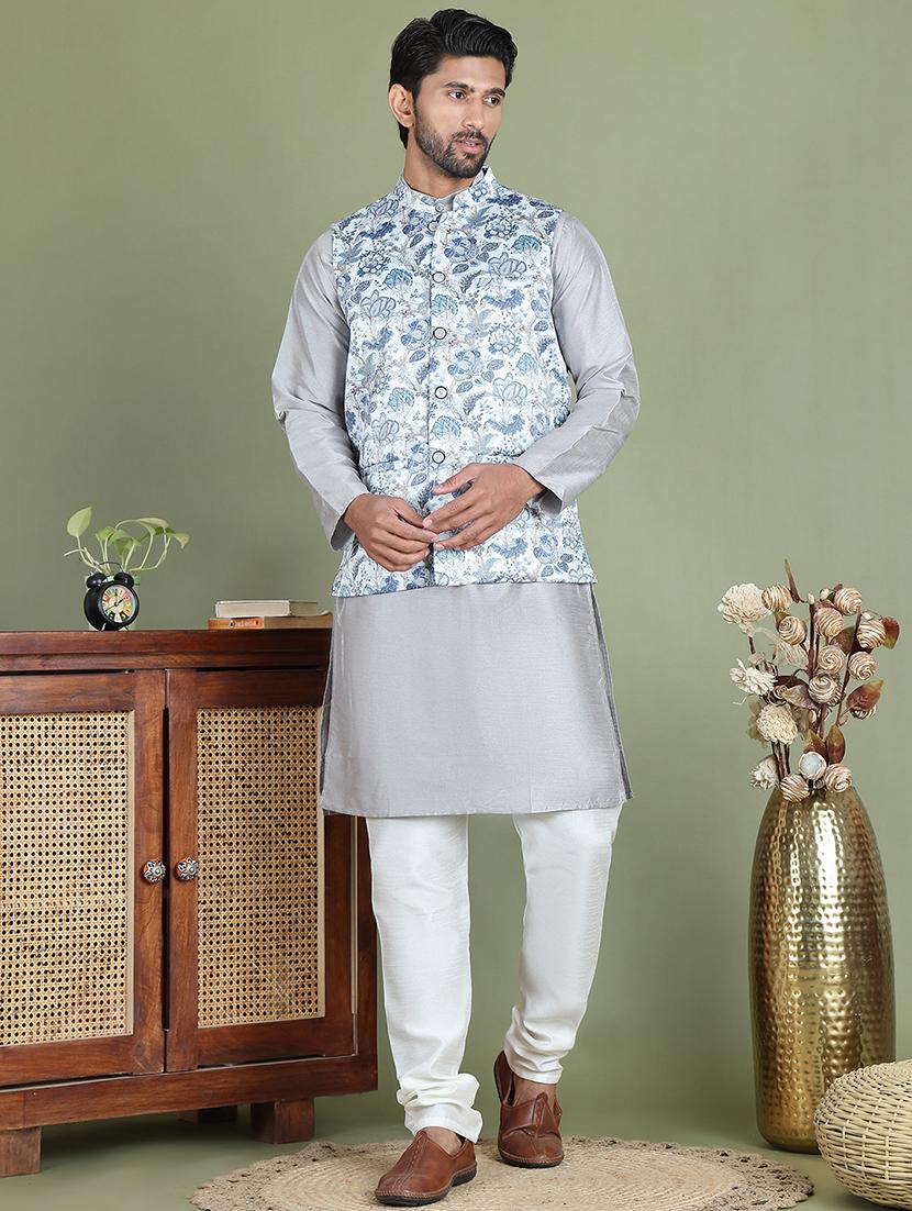 men printed kurta pyjama with jacket ethnic wear set - 21687086 - Zoom Image - 0