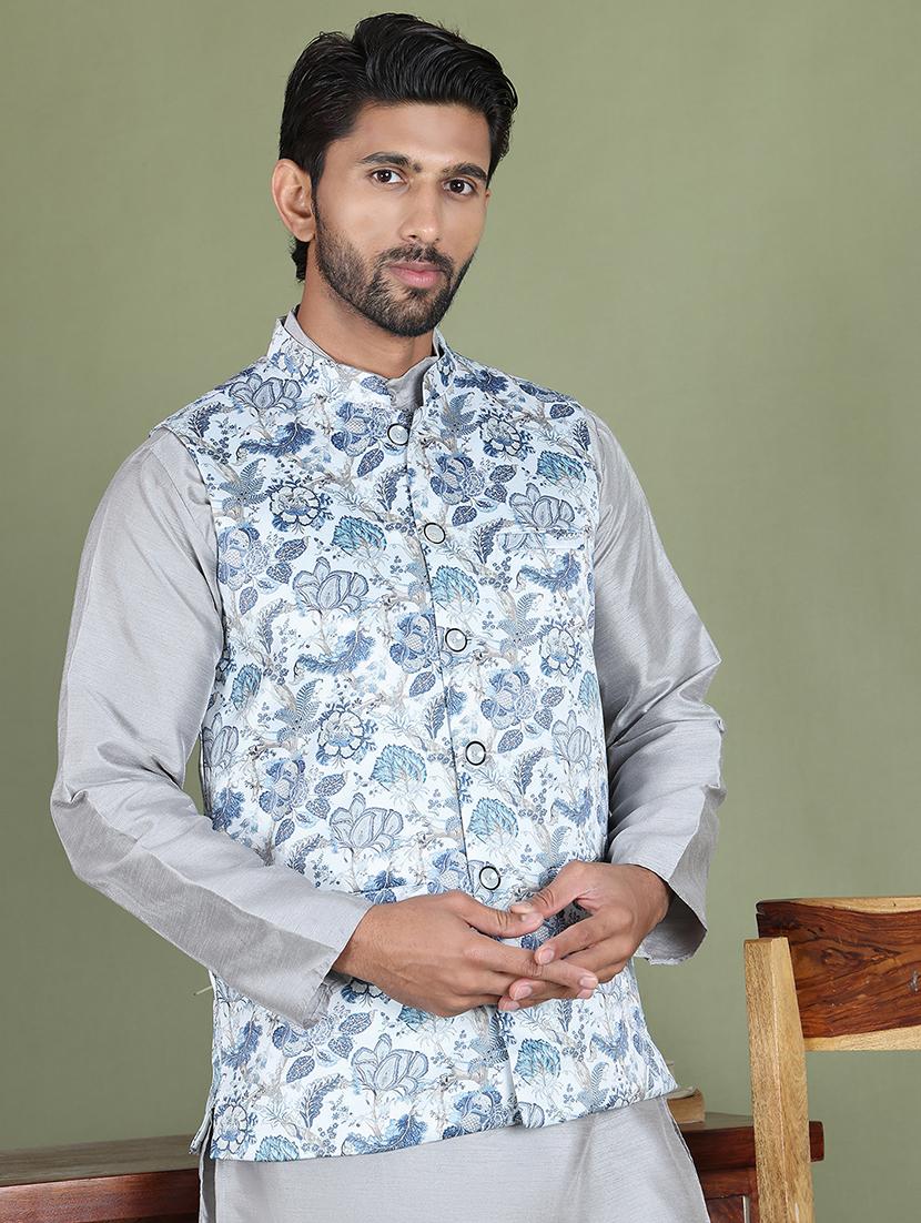 men printed kurta pyjama with jacket ethnic wear set - 21687086 - Standard Image - 3