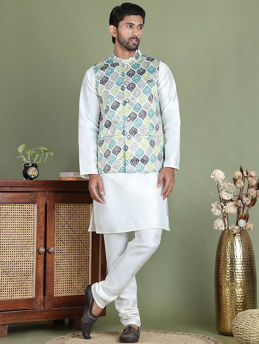 men printed kurta pyjama with jacket ethnic wear set