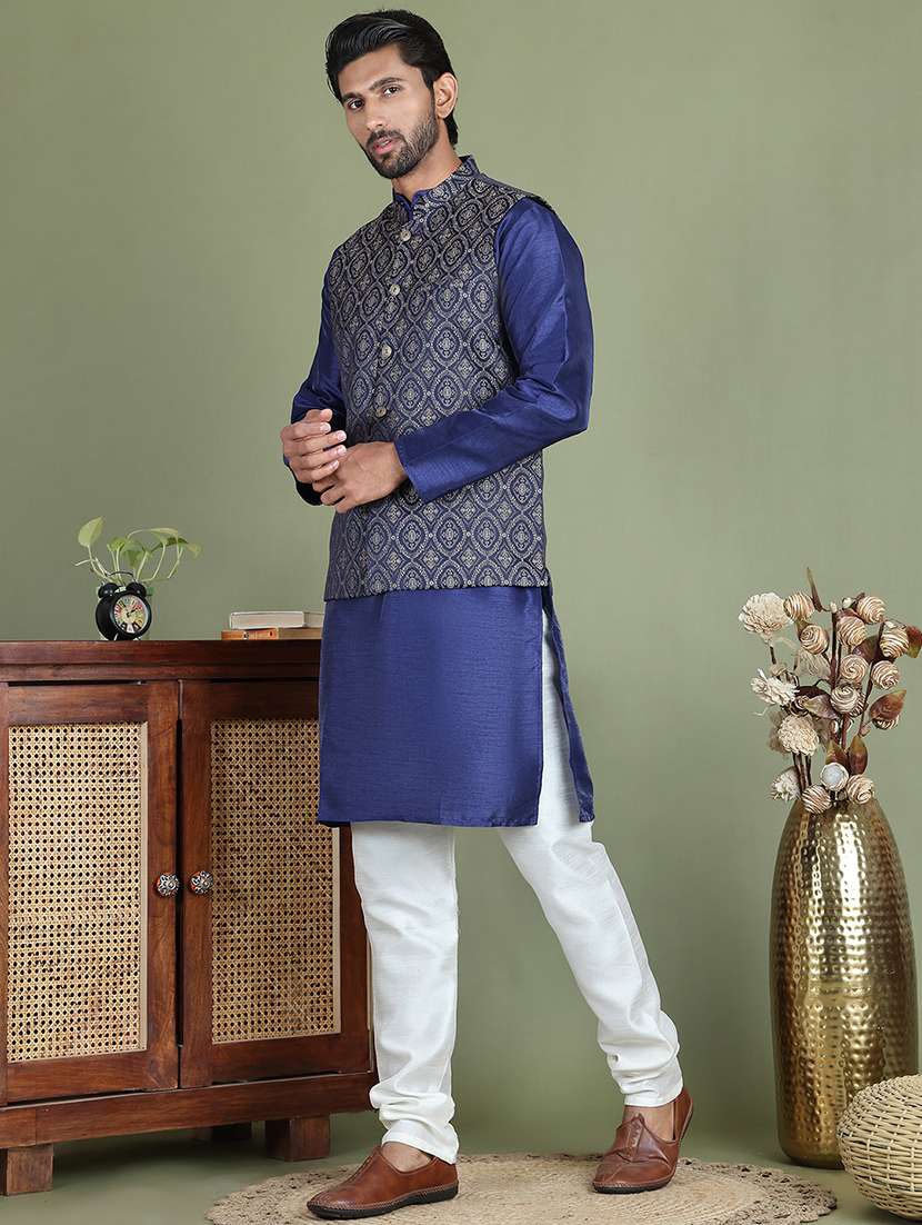 men self design kurta pyjama with jacket ethnic wear set