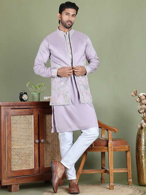 men embroidered kurta pyjama with jacket ethnic wear set - 21687090 -  Standard Image - 0