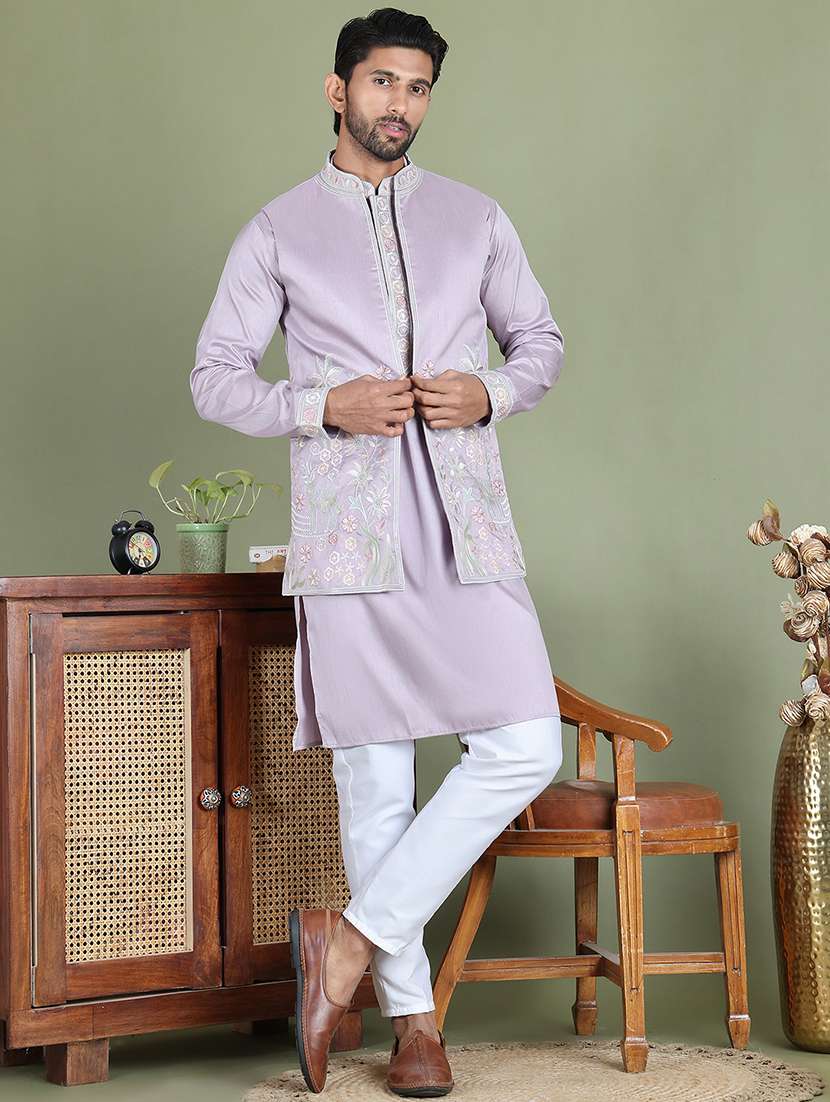 men embroidered kurta pyjama with jacket ethnic wear set