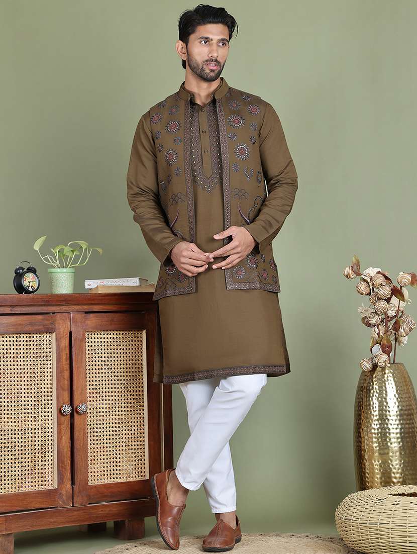 men embroidered kurta pyjama with jacket ethnic wear set