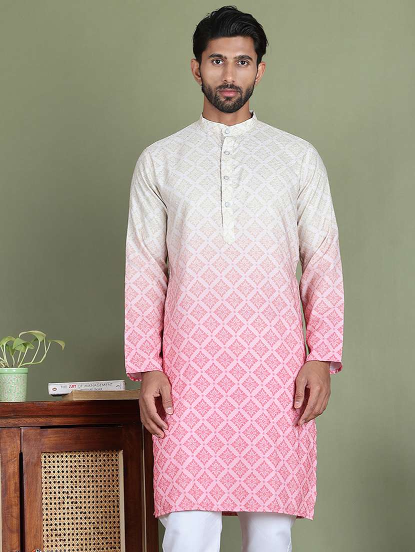men printed mandarin neck long kurta