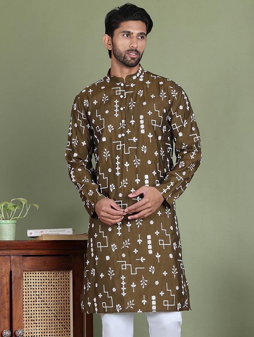 men embroidered mandarin neck long kurta - 21687704 -  Zoom Image - 0