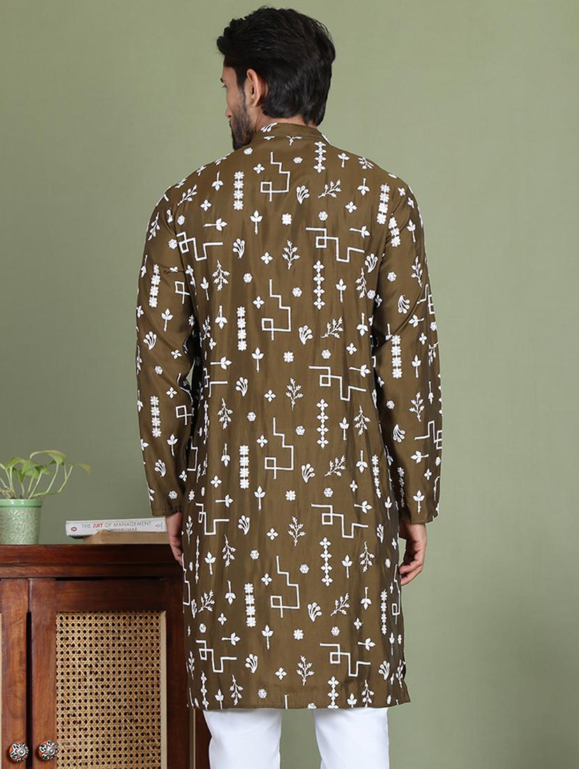 men embroidered mandarin neck long kurta - 21687704 - Standard Image - 3