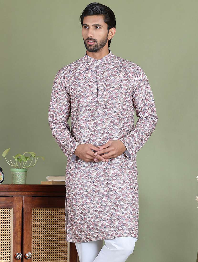 men printed mandarin neck long kurta