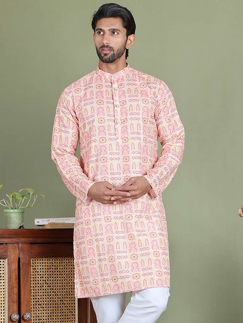 men printed mandarin neck long kurta