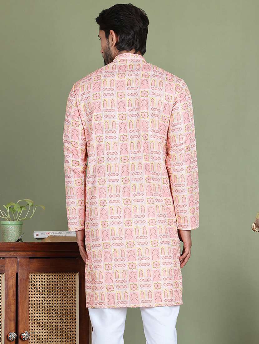 men printed mandarin neck long kurta - 21687707 - Standard Image - 3